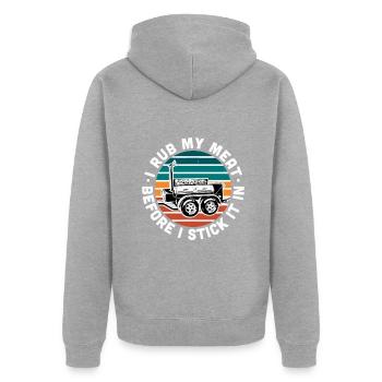 BBQ Dad Offset Smoker Pit Accessoire Ich reibe mein Fleisch - Unisex Premium Bio Zip Hoodie - Grau meliert - Hinten - Nico (187cm)