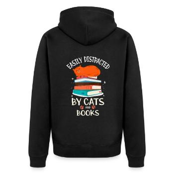 Easily Distracted By Cats And Books Cat Book Lover - Unisex Premium Organic Zip Hoodie - black - Back - Nico (187cm)