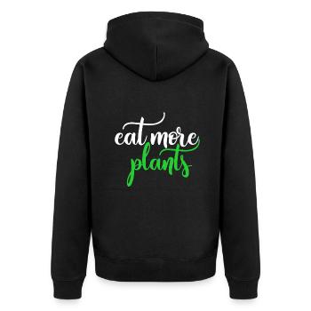 Iss mehr Pflanzen Veganes WFPB auf pflanzlicher Basis - Unisex Premium Bio Zip Hoodie - Schwarz - Hinten - Nico (187cm)