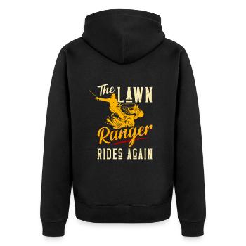 Der Rasenwächter fährt wieder Rasentraktormähen - Unisex Premium Bio Zip Hoodie - Schwarz - Hinten - Nico (187cm)