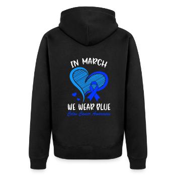 Im März tragen wir Blau für das Bewusstsein für Darmkrebs B - Unisex Premium Bio Zip Hoodie - Schwarz - Hinten - Nico (187cm)
