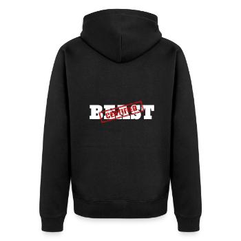 Zertifiziertes BEAST Athletic Workout Fitness - Unisex Premium Bio Zip Hoodie - Schwarz - Hinten - Nico (187cm)