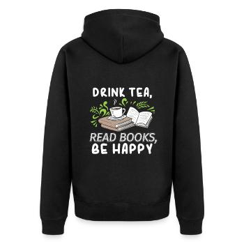 Tee trinken Bücher lesen Glücklich sein Abibliophobie Litera - Unisex Premium Bio Zip Hoodie - Schwarz - Hinten - Nico (187cm)
