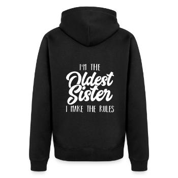 Älteste Schwester - Lustiges passendes Geschwisterchen - Ich mache th - Unisex Premium Bio Zip Hoodie - Schwarz - Hinten - Nico (187cm)