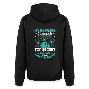 Bowler Meine Bowling-Technik ist streng geheim lustig Bo - Unisex Premium Bio Zip Hoodie - Schwarz - Hinten - Nico (187cm)