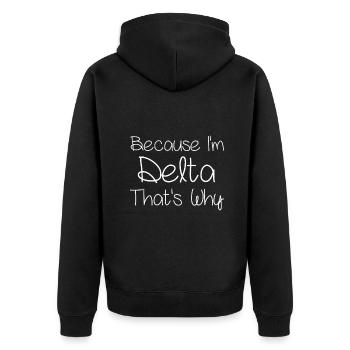 DELTA Lustiges personalisiertes Namensgeschenk für Geburtstagsfrauen - Unisex Premium Bio Zip Hoodie - Schwarz - Hinten - Nico (187cm)