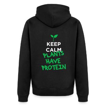 Ruhe bewahren Pflanzen haben Protein vegan - Unisex Premium Bio Zip Hoodie - Schwarz - Hinten - Nico (187cm)