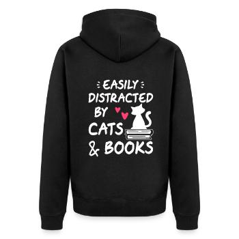 Leicht abgelenkt von Katzen und Büchern Katzen- &; Bücherliebhaber - Unisex Premium Bio Zip Hoodie - Schwarz - Hinten - Nico (187cm)