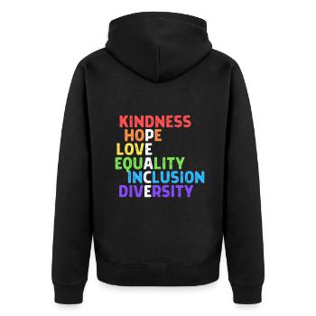 Freundlichkeit, Frieden, Gleichheit, Inklusion, Vielfalt, Menschlichkeit - Unisex Premium Bio Zip Hoodie - Schwarz - Hinten - Nico (187cm)