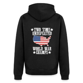 Zwei ungeschlagene 2-fache Weltkriegs-Championssu - Unisex Premium Bio Zip Hoodie - Schwarz - Hinten - Nico (187cm)