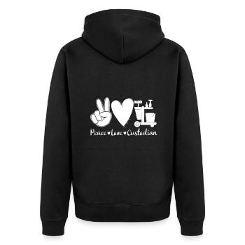 Tie Dye Peace Love Custodian Appreciation back - Unisex Premium Organic Zip Hoodie - black - Back - Nico (187cm)