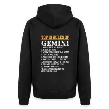 Top 10 Regeln der Zwillinge Mai 21 - Juni 21 - Unisex Premium Bio Zip Hoodie - Schwarz - Hinten - Nico (187cm)