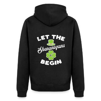 Lasst die Spielereien Kleeblatt beginnen - Unisex Premium Bio Zip Hoodie - Schwarz - Hinten - Nico (187cm)