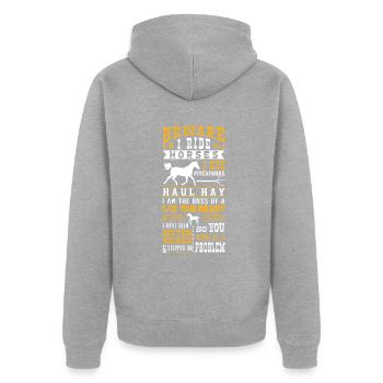Pferdeliebhaber Reiten Vorsicht Ich reite Pferde - Unisex Premium Bio Zip Hoodie - Grau meliert - Hinten - Nico (187cm)