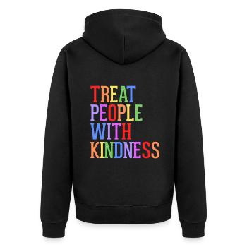 Behandeln Sie Menschen mit Freundlichkeit, Toleranz - Unisex Premium Bio Zip Hoodie - Schwarz - Hinten - Nico (187cm)