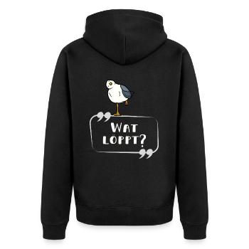 MÖWE Wat löppt lustig norddeutsch - Unisex Premium Bio Zip Hoodie - Schwarz - Hinten - Nico (187cm)