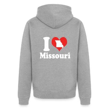 Citoyen américain État américain Amour I Cœur Missouri - Veste à capuche bio Premium Unisexe - gris chiné - Dos - Nico (187cm)