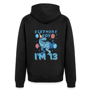 Boy Age 13 Year Old Cute Birth Born Roar Dinosaur - Unisex Premium Bio Zip Hoodie - Schwarz - Hinten - Nico (187cm)