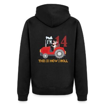 Birth Born Age 14 Year Old Farmer Farm Cow Tractor - Unisex Premium Bio Zip Hoodie - Schwarz - Hinten - Nico (187cm)