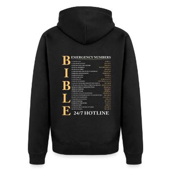Bible Emergency Number Jesus Christian - Unisex Premium Bio Zip Hoodie - Schwarz - Hinten - Nico (187cm)