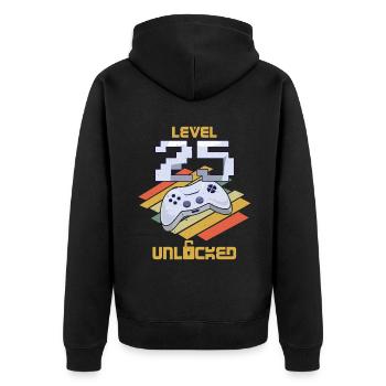 Amateur de jeux vidéo rétro Age 25 Niveau débloqué - Veste à capuche bio Premium Unisexe - noir - Dos - Nico (187cm)