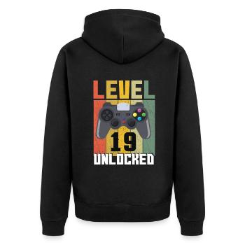 Vintage Gamer Video Game Lover Age 19 Unlocked - Unisex Premium Bio Zip Hoodie - Schwarz - Hinten - Nico (187cm)