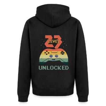 Vintage Video Game Lover Age 23 Level Unlocked - Unisex Premium Organic Zip Hoodie - black - Back - Nico (187cm)