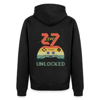 Amateur de jeux vidéo vintage Age 27 Niveau débloqué - Veste à capuche bio Premium Unisexe - noir - Dos - Nico (187cm)