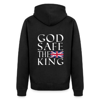 God safe the King - Unisex Premium Bio Zip Hoodie - Schwarz - Hinten - Nico (187cm)