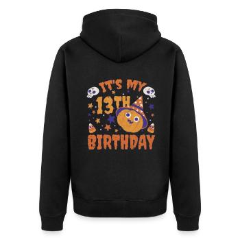 Halloween Cute Pumpkin Trick Treat Birth Age 13 - Unisex Premium Organic Zip Hoodie - black - Back - Nico (187cm)