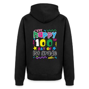 100. Tag 1. Klasse Glückliche 100 Tage Schule - Unisex Premium Bio Zip Hoodie - Schwarz - Hinten - Nico (187cm)