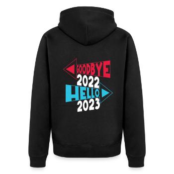 Frohes Neues Jahr 2023 Tschüss 2022 Hallo 2023 Neues Jahr - Unisex Premium Bio Zip Hoodie - Schwarz - Hinten - Nico (187cm)