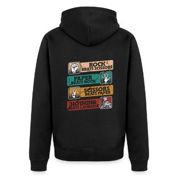 Rock Paper Scissors Lacrosse Polocrosse - Unisex Premium Bio Zip Hoodie - Schwarz - Hinten - Nico (187cm)