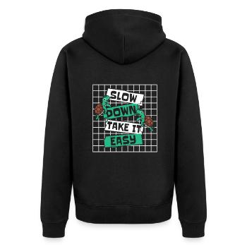 Slow Down Take It Easy Riesenschildkröte - Unisex Premium Bio Zip Hoodie - Schwarz - Hinten - Nico (187cm)