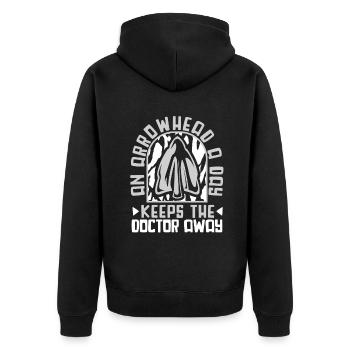 An Arrowhead A Day Arrowhead Hunter Jagdspitzen - Unisex Premium Bio Zip Hoodie - Schwarz - Hinten - Nico (187cm)