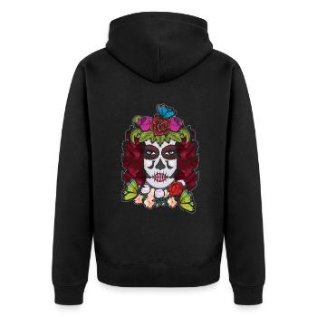 La Catrina Blumenblume Muertos Tag des toten Zuckers - Unisex Premium Bio Zip Hoodie - Schwarz - Hinten - Nico (187cm)