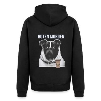 Hund mit Hoodie Guten Morgen Kaffee - Unisex Premium Bio Zip Hoodie - Schwarz - Hinten - Nico (187cm)