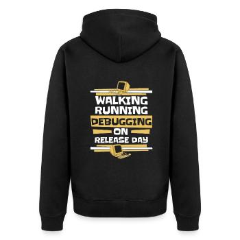 Walking Running Debugging Release Day Coder - Veste à capuche bio Premium Unisexe - noir - Dos - Nico (187cm)