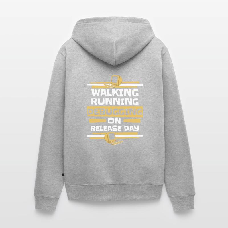 Walking Running Debugging Release Day Coder Veste à capuche bio Premium Unisexe