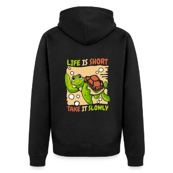 Life Is Short Take It Slowly Riesenschildkröte - Unisex Premium Bio Zip Hoodie - Schwarz - Hinten - Nico (187cm)