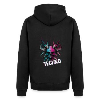 Skull Devil Raver Rave Hard Techno Dark Tekno - Unisex Premium Bio Zip Hoodie - Schwarz - Hinten - Nico (187cm)