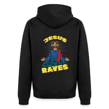 Jesus Raves DJ Raver Rave Hard Techno Dark Tekno - Unisex Premium Bio Zip Hoodie - Schwarz - Hinten - Nico (187cm)