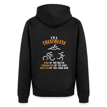 Triathlete King Conqueror Master Training Profi - Unisex Premium Bio Zip Hoodie - Schwarz - Hinten - Nico (187cm)