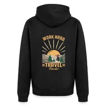 Work Hard Travel Harder Bergwandern Hiking - Unisex Premium Organic Zip Hoodie - black - Back - Nico (187cm)
