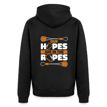 Our Hopes Are In The Ropes SpeedKletter Kraxler - Unisex Premium Organic Zip Hoodie - black - Back - Nico (187cm)