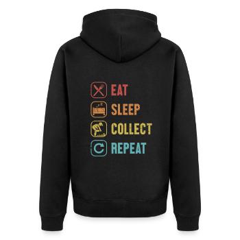 Essen, Schlafen, Sammeln, Sammeln, Sammeln, Sammeln, Sammeln, Sammeln, Sammeln, - Unisex Premium Bio Zip Hoodie - Schwarz - Hinten - Nico (187cm)