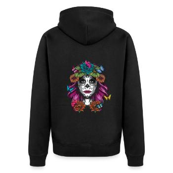 Mexikanischer Blumenmuertos Tag der Toten La Catrina - Unisex Premium Bio Zip Hoodie - Schwarz - Hinten - Nico (187cm)