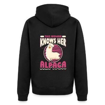 Cette femme connaît son lama alpaga Pako Huacaya - Veste à capuche bio Premium Unisexe - noir - Dos - Nico (187cm)
