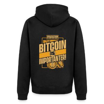 Education Is Important But Bitcoin Is Importanter - Unisex Premium Bio Zip Hoodie - Schwarz - Hinten - Nico (187cm)