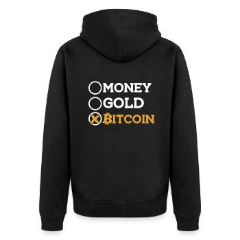 Money Gold Bitcoin Kryptowährung Blockchain - Unisex Premium Bio Zip Hoodie - Schwarz - Hinten - Nico (187cm)
